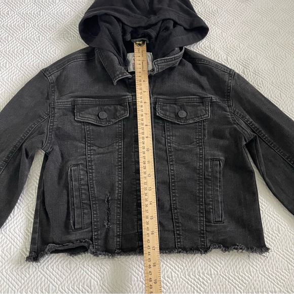 Justice Denim Hooded Jean Jacket Raw Hem Pockets Stretch Size 12 - Picture 4 of 7